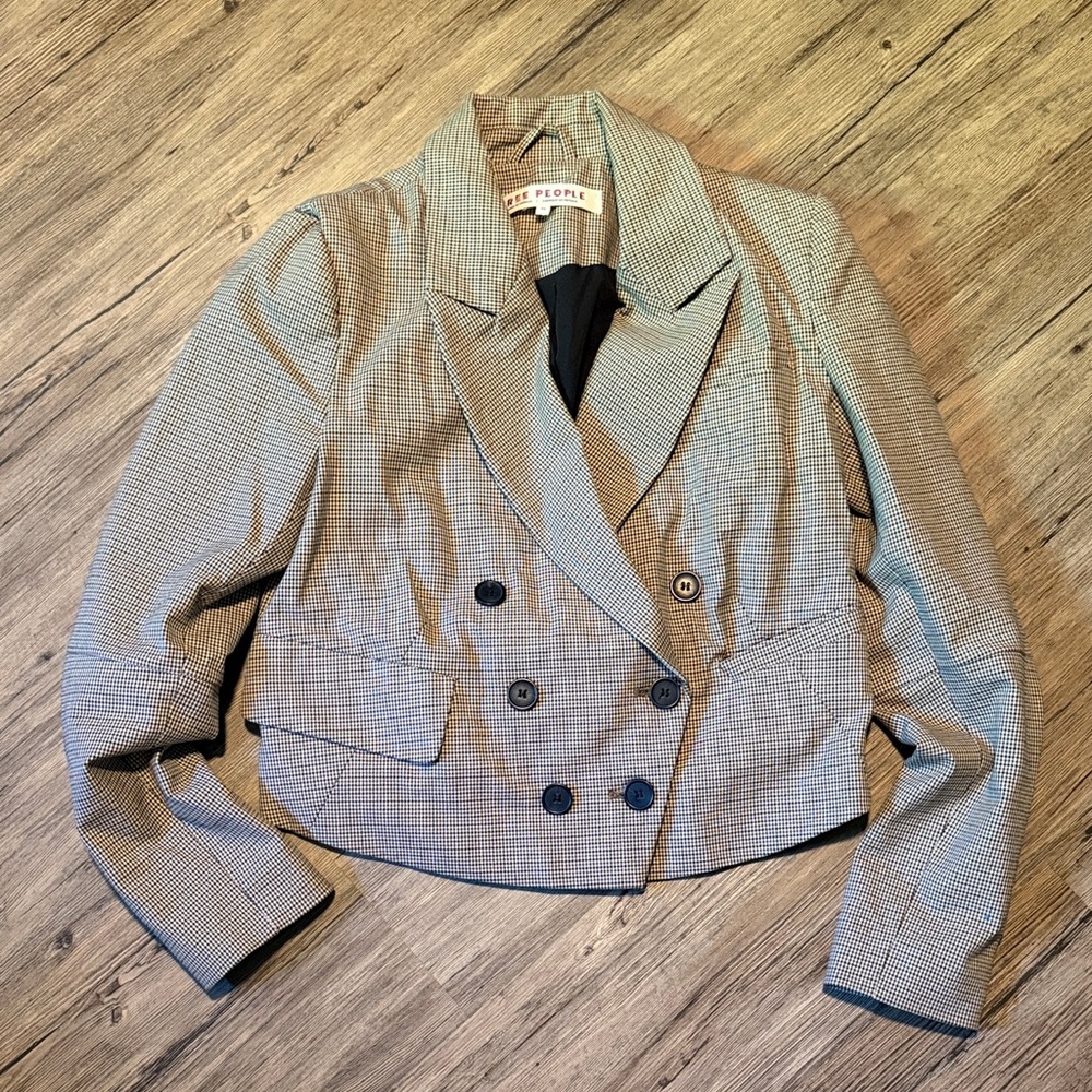 Free People Cropped Oversized Houndstooth Double-Breasted Blazer - Black & Cream